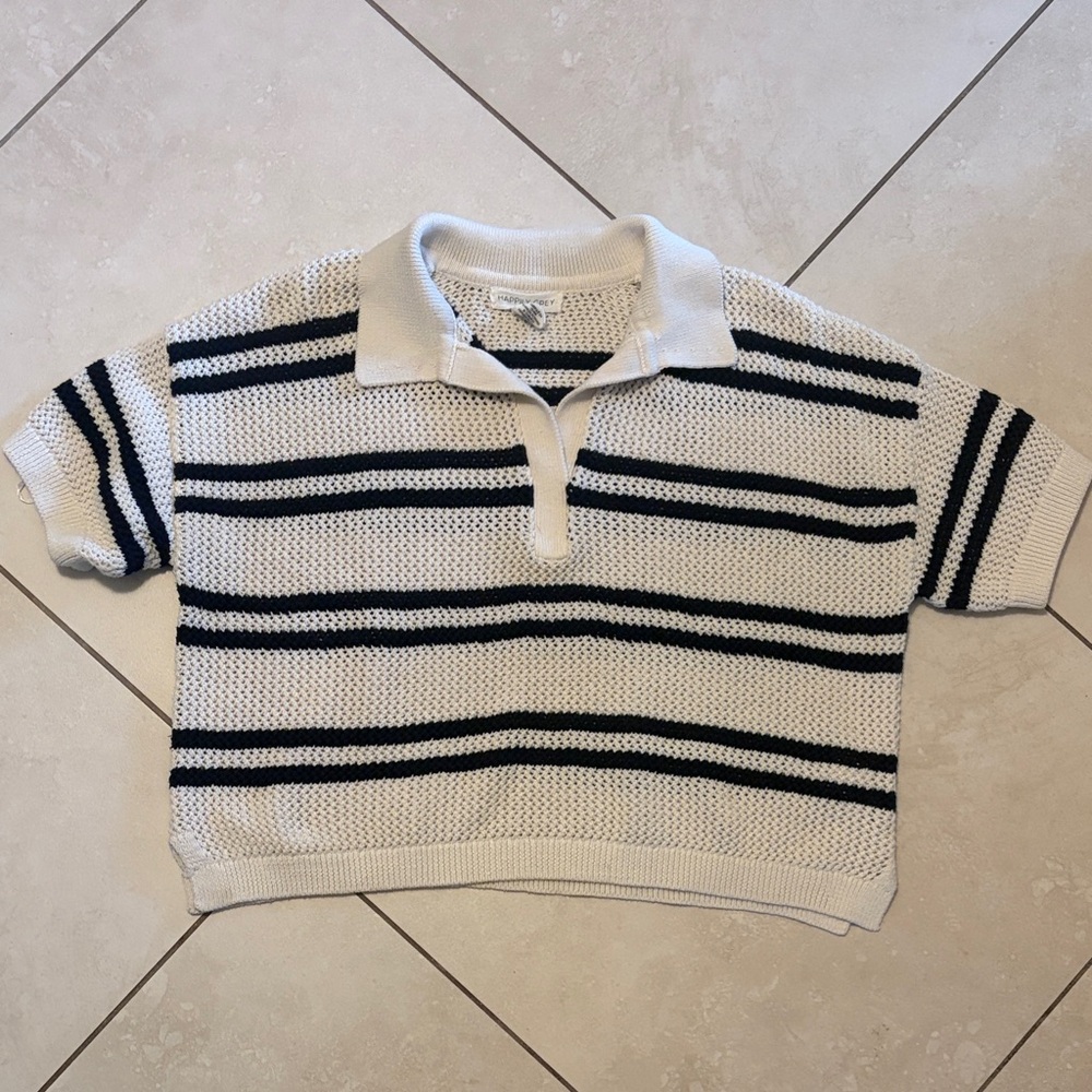Striped Polo Cropped Knit Shirt - White and Black